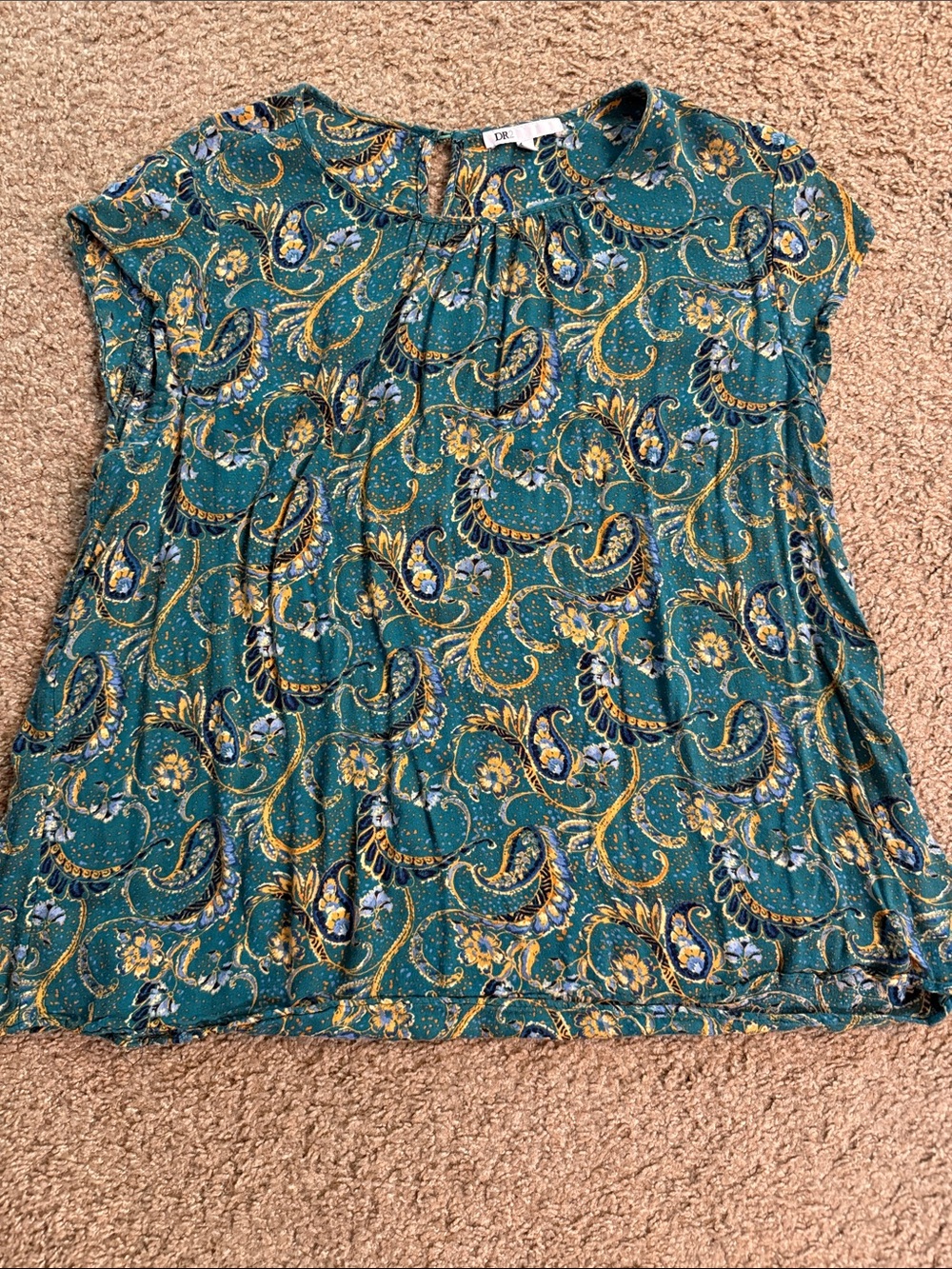 DR2 Teal Paisley Cap-Sleeve Blouse with Gold Accents